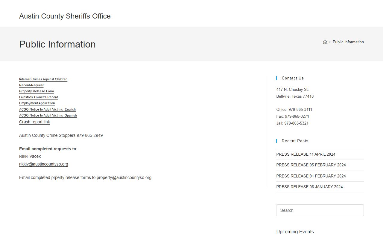 Austin County Sheriff public information page for sex offender records