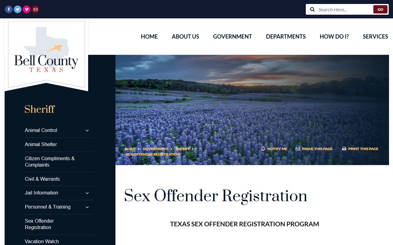 Bell County Sheriff Sex Offender Watch page