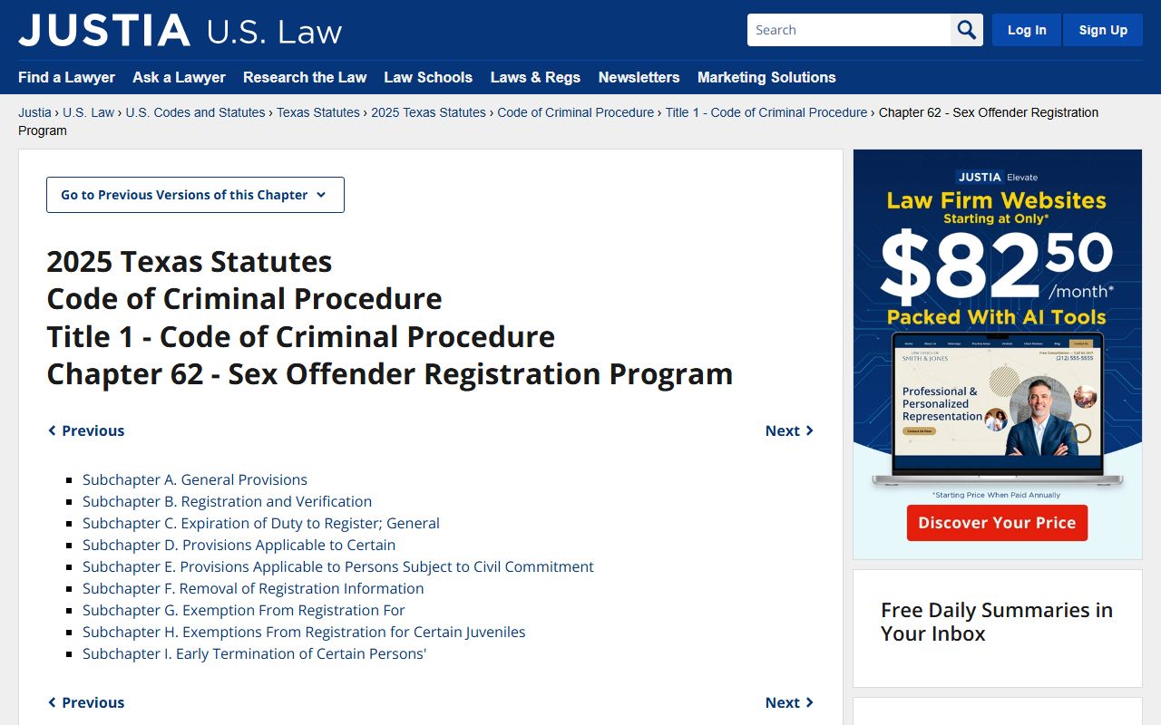 Texas Code of Criminal Procedure Chapter 62 sex offender registration law