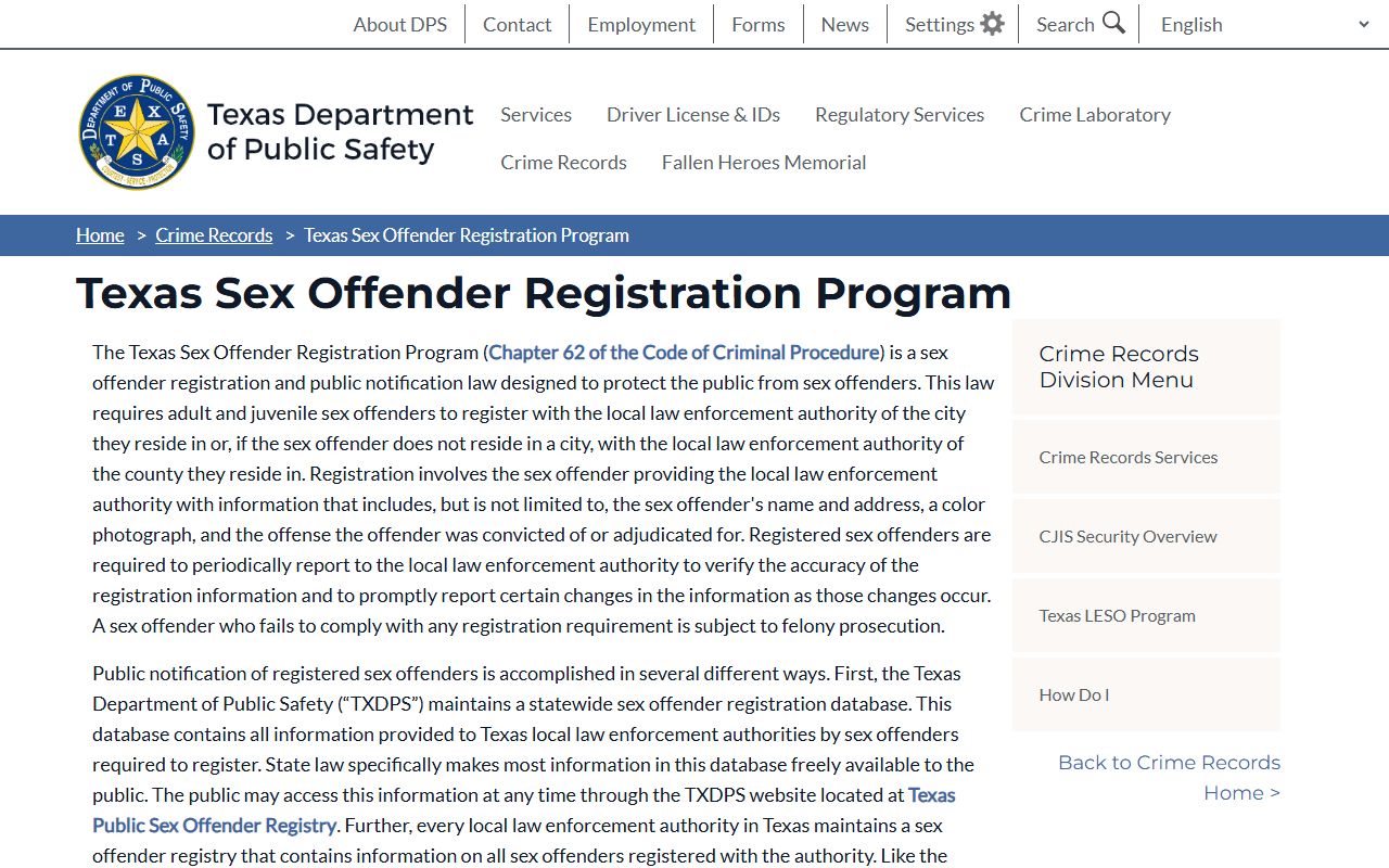 Texas DPS Sex Offender Registration Program overview page